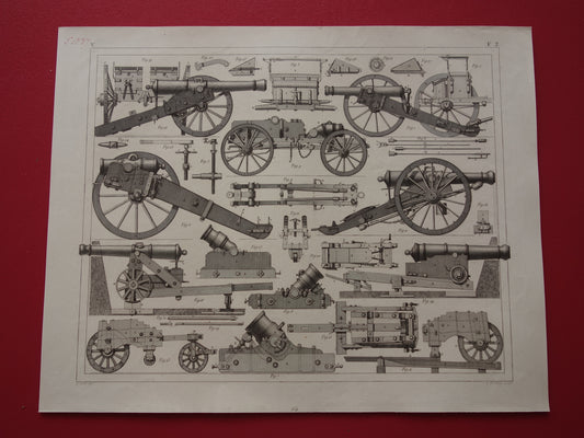 Antieke illustratie ARTILLERIE uit 1849 - 170+ jaar oude prent over kanonnen howitsers - originele vintage militaire print