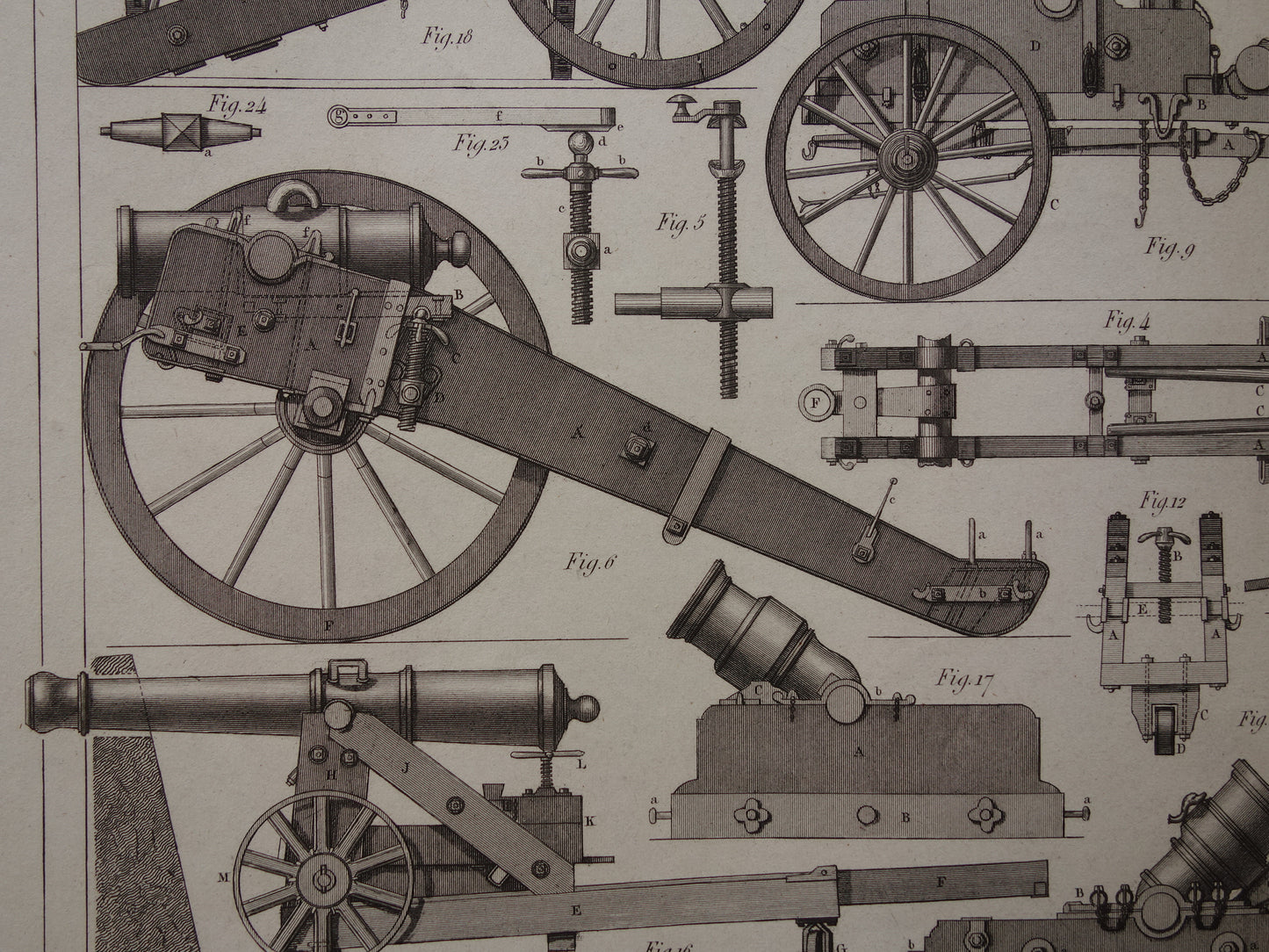 Antieke illustratie ARTILLERIE uit 1849 - 170+ jaar oude prent over kanonnen howitsers - originele vintage militaire print