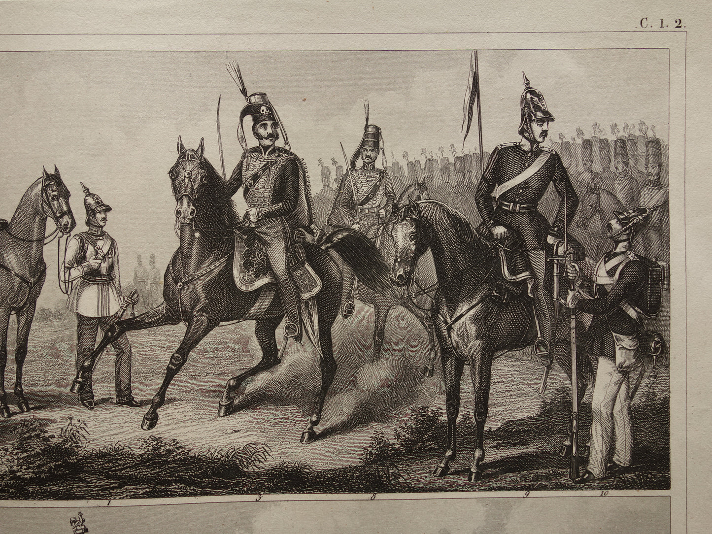 1849 oude prent van Duitse en Franse soldaten - originele antieke militaire illustratie - uniformen leger Frankrijk Duitsland print