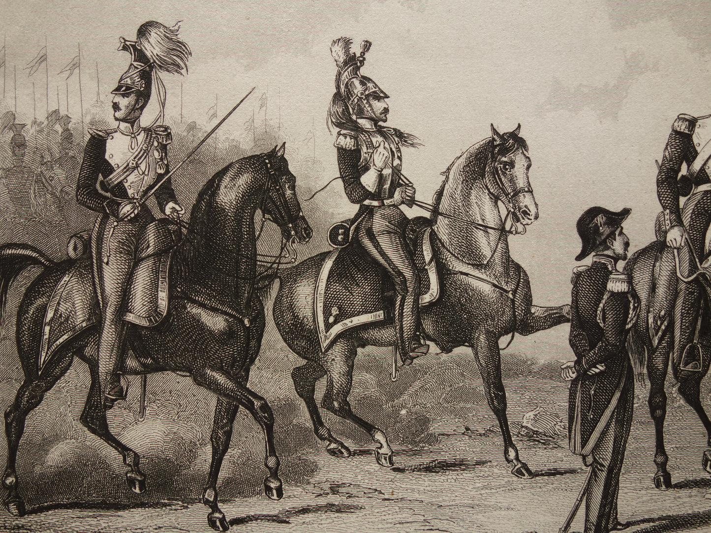 1849 oude prent van Duitse en Franse soldaten - originele antieke militaire illustratie - uniformen leger Frankrijk Duitsland print