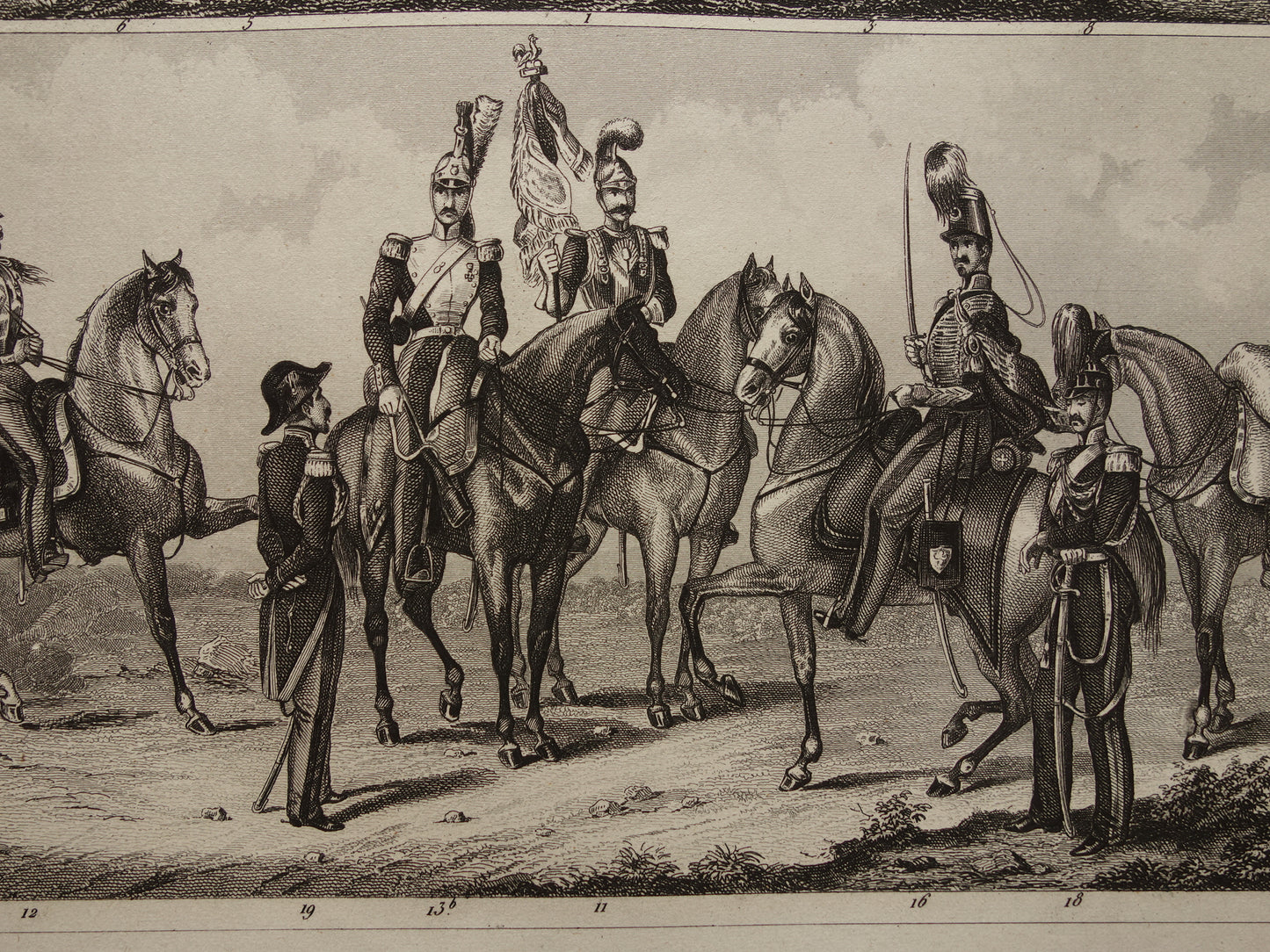 1849 oude prent van Duitse en Franse soldaten - originele antieke militaire illustratie - uniformen leger Frankrijk Duitsland print