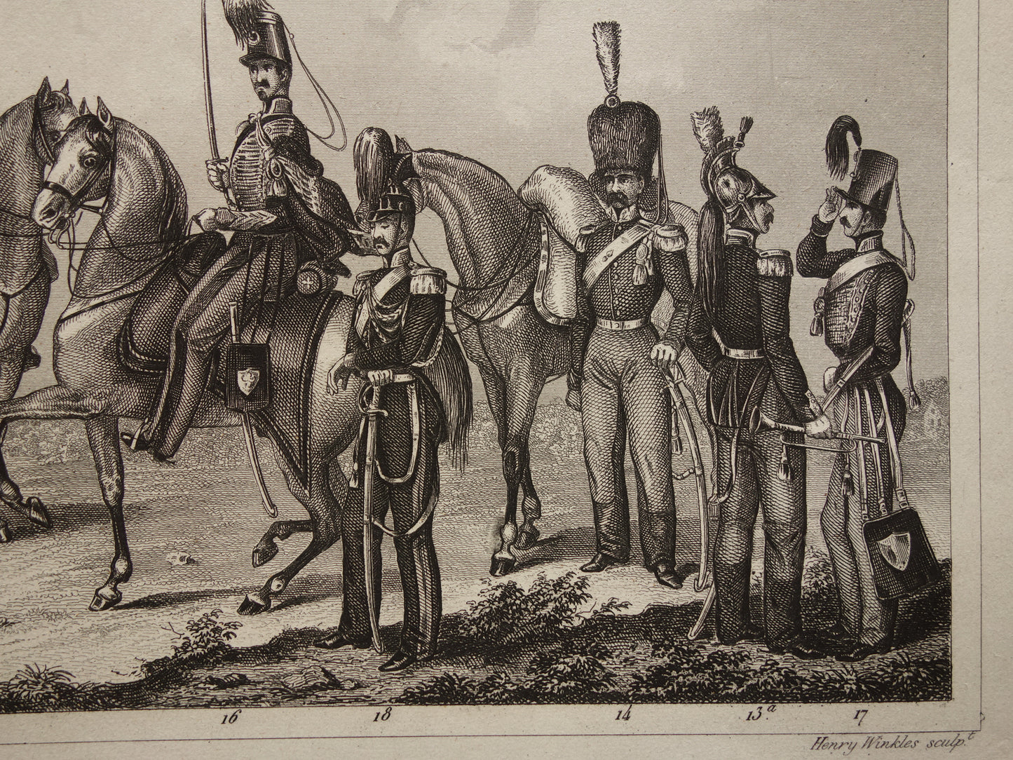 1849 oude prent van Duitse en Franse soldaten - originele antieke militaire illustratie - uniformen leger Frankrijk Duitsland print