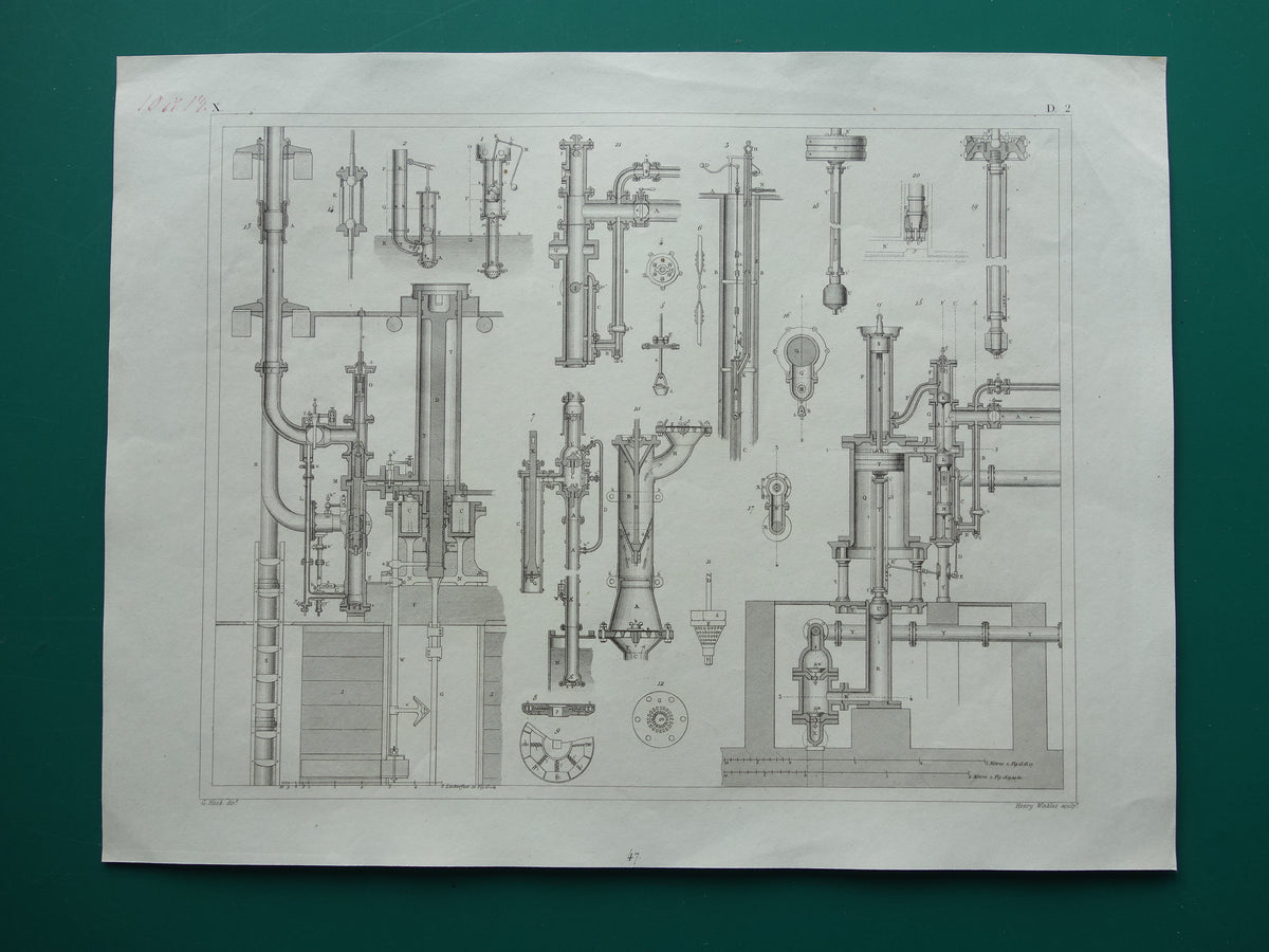 Oude technologie print van pomp- en waterpompen Originele antieke illustratie uit 1851 Pompen Machines Machine vintage wetenschap prent
