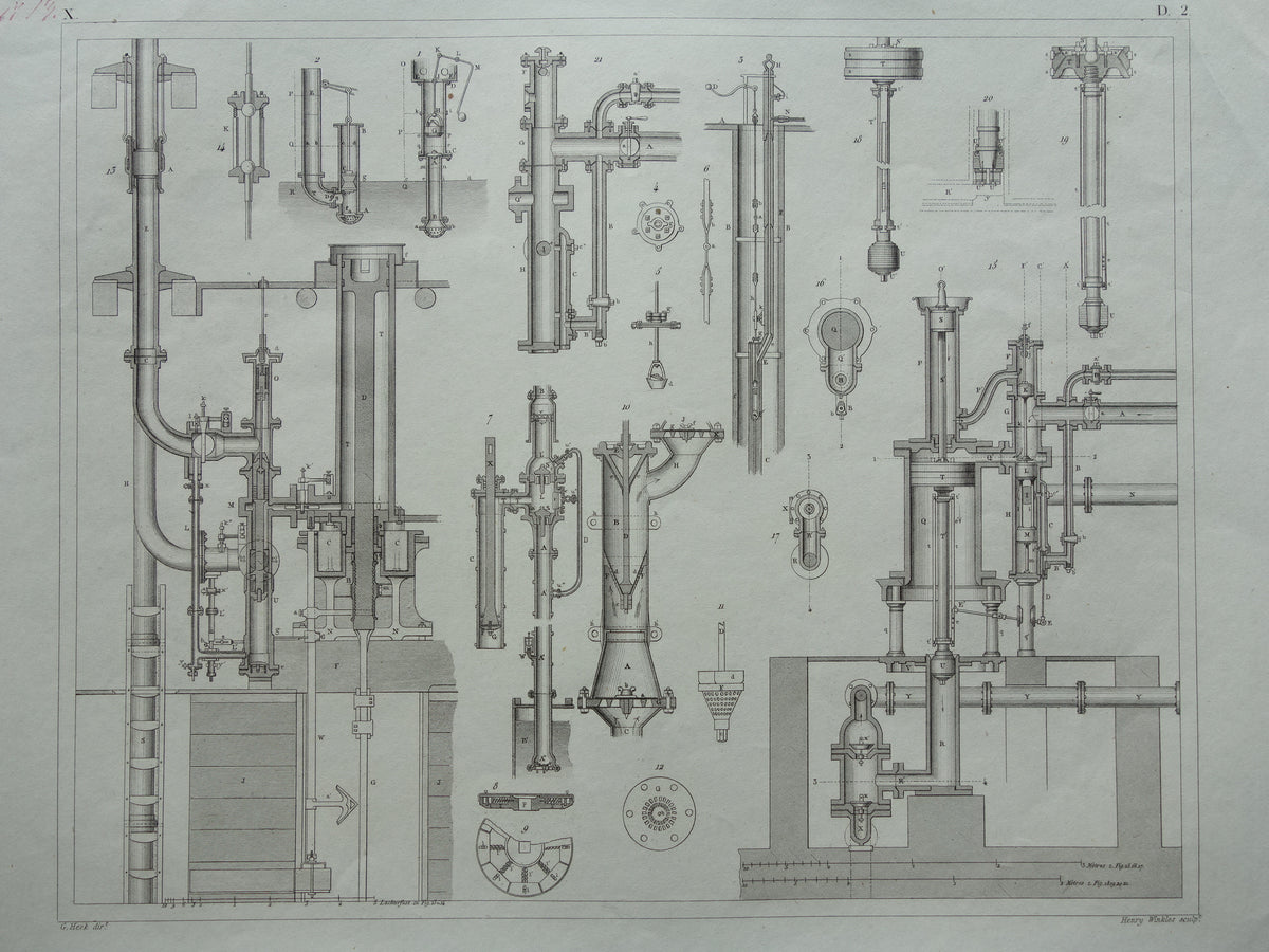 Oude technologie print van pomp- en waterpompen Originele antieke illustratie uit 1851 Pompen Machines Machine vintage wetenschap prent