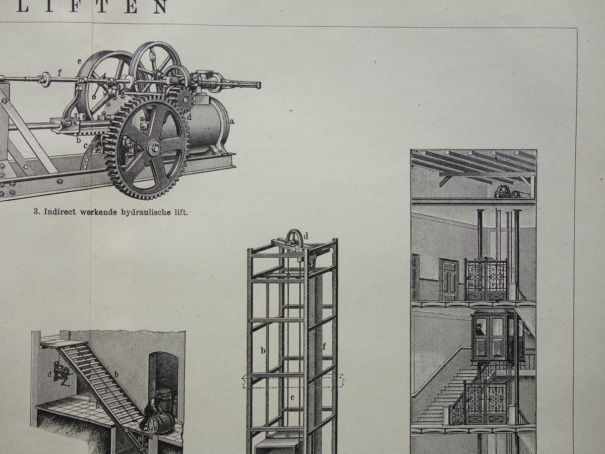 LIFTEN oude technologie prent uit het jaar 1919 over de Lift originele antieke techniek illustratie