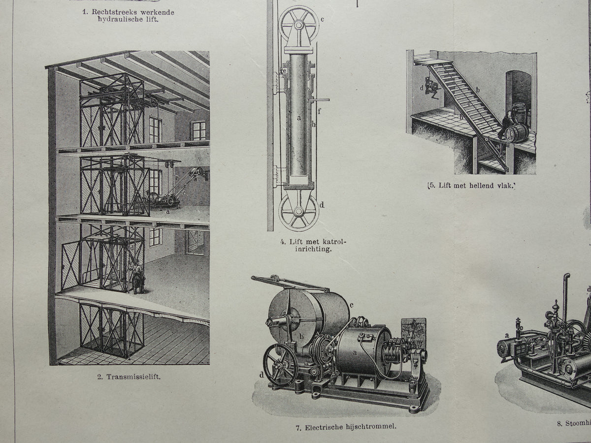 LIFTEN oude technologie prent uit het jaar 1919 over de Lift originele antieke techniek illustratie