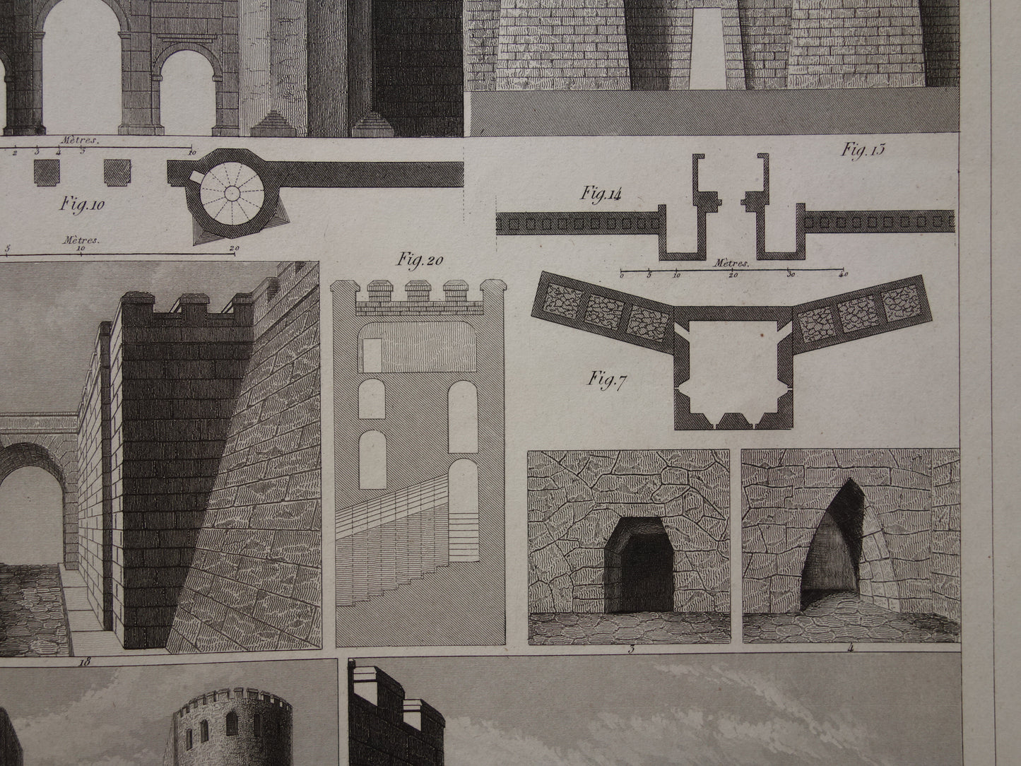 Oude prent van Grieks-Romeinse stadsmuur originele antieke illustratie uit 1849 Vestingwerken Rome Messene Byzantijnse muren vintage prints