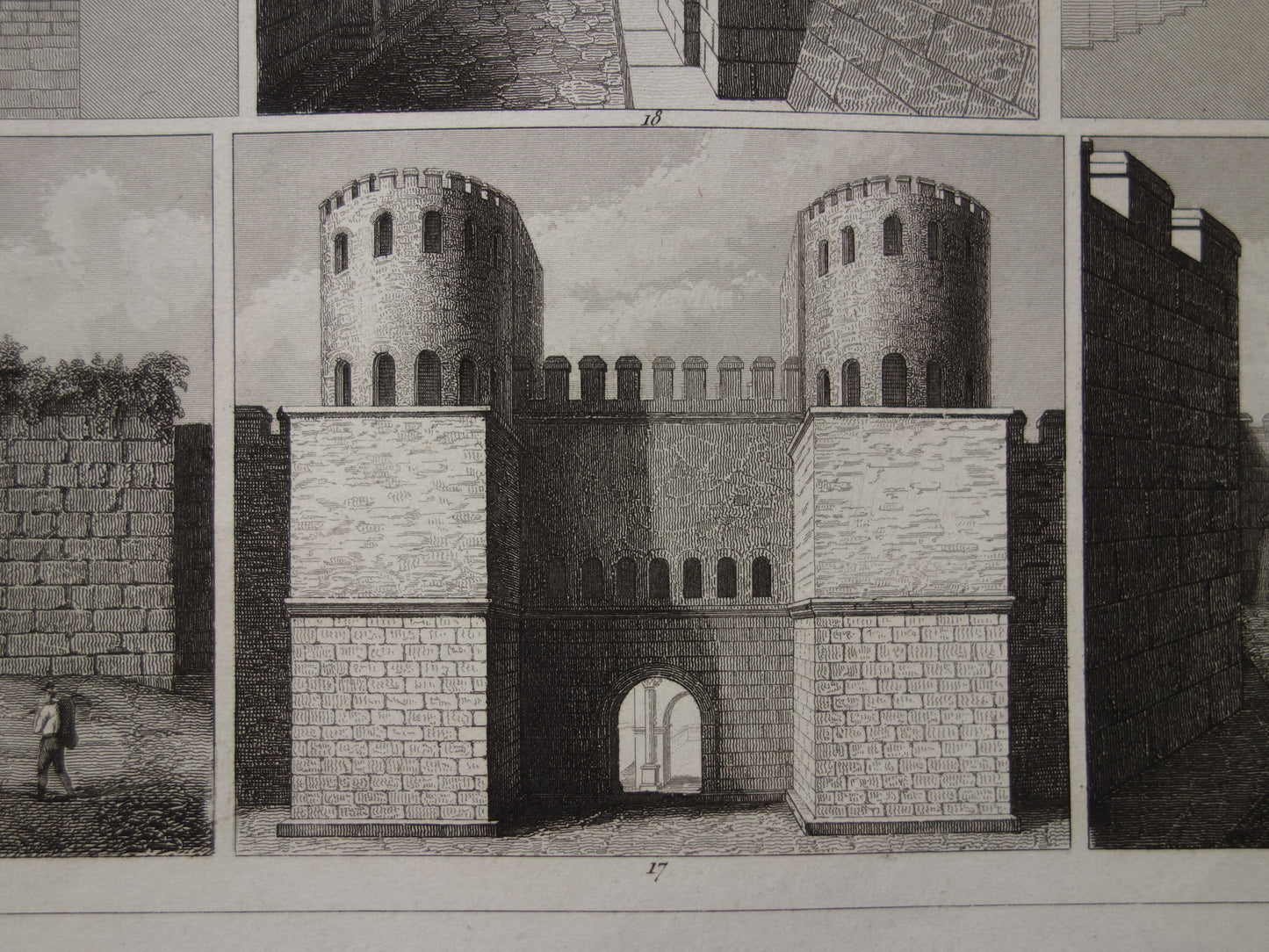 Oude prent van Grieks-Romeinse stadsmuur originele antieke illustratie uit 1849 Vestingwerken Rome Messene Byzantijnse muren vintage prints