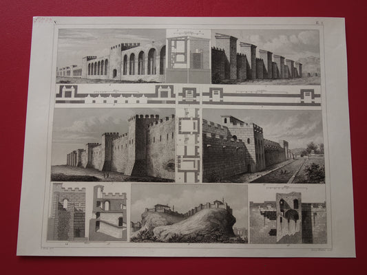 Stadsmuur Rome Pompeii Athene oude prent over historische fortificaties - originele antieke militaire illustratie - stadsmuren uit de oudheid print