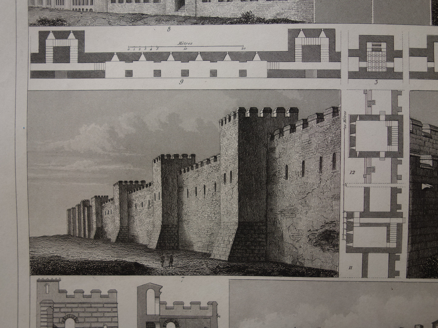 City Wall Rome Pompeii Athens old print about historical fortifications - original antique military illustration - city walls from antiquity print