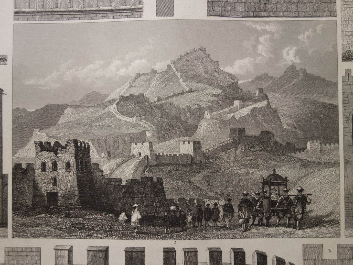 Oude militaire print van stadsmuren en grote muur van China originele antieke illustratie uit 1849 torens vestingwerken kantelen vintage prints