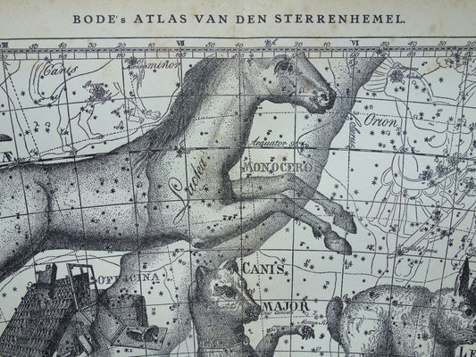 Oude astrologie prent van sterrenbeelden Eenhoorn Hond Duif Schip Argo Antieke sterrenkaart sterrenbeeld vintage asronomie print