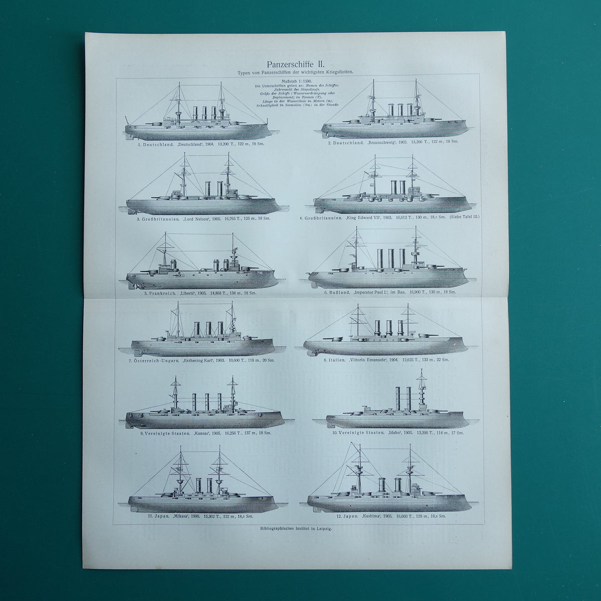 SLAGSCHEPEN oude prent pre WWI Oorlogsschepen 1909 antieke prent pre-dreadnought slagschip