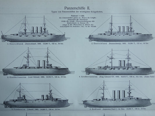 SLAGSCHEPEN oude prent pre WWI Oorlogsschepen 1909 antieke prent pre-dreadnought slagschip