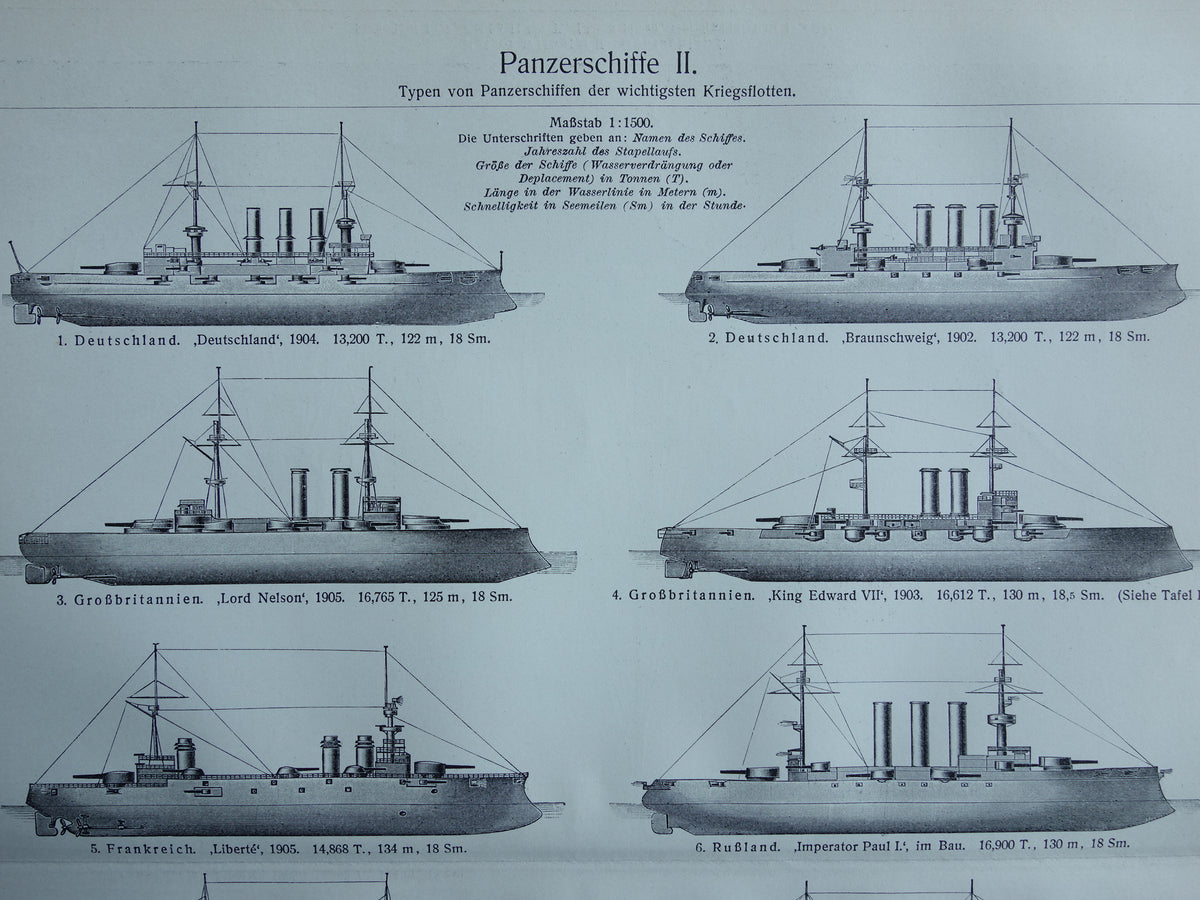 BATTLESHIPS old print pre WWI Warships 1909 antique print pre-dreadnought battleship