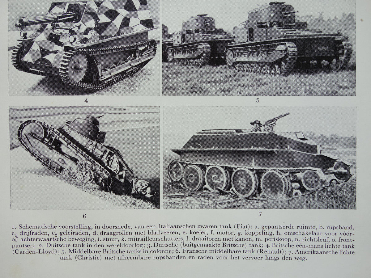 TANKS Old Print from 1938 Original Vintage Dutch Illustration Military Vehicles Tank Small print Fighting vehicle