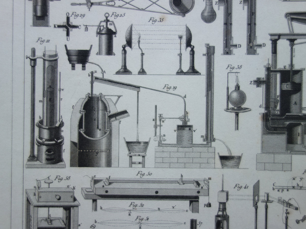 Oude technologie print antieke poster illustratie wetenschappelijke instrumenten laboratorium natuurkunde gas vloeistof thermodynamica pompen pneumatiek