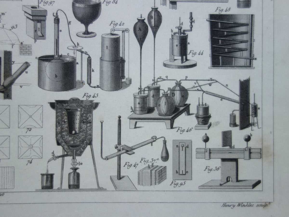 Oude technologie print antieke poster illustratie wetenschappelijke instrumenten laboratorium natuurkunde gas vloeistof thermodynamica pompen pneumatiek