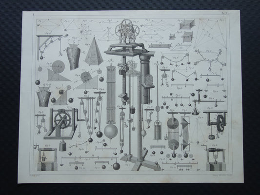 Natuurkunde oude prent katrollen 1849 originele antieke illustratie wetenschappelijke experimenten vintage print