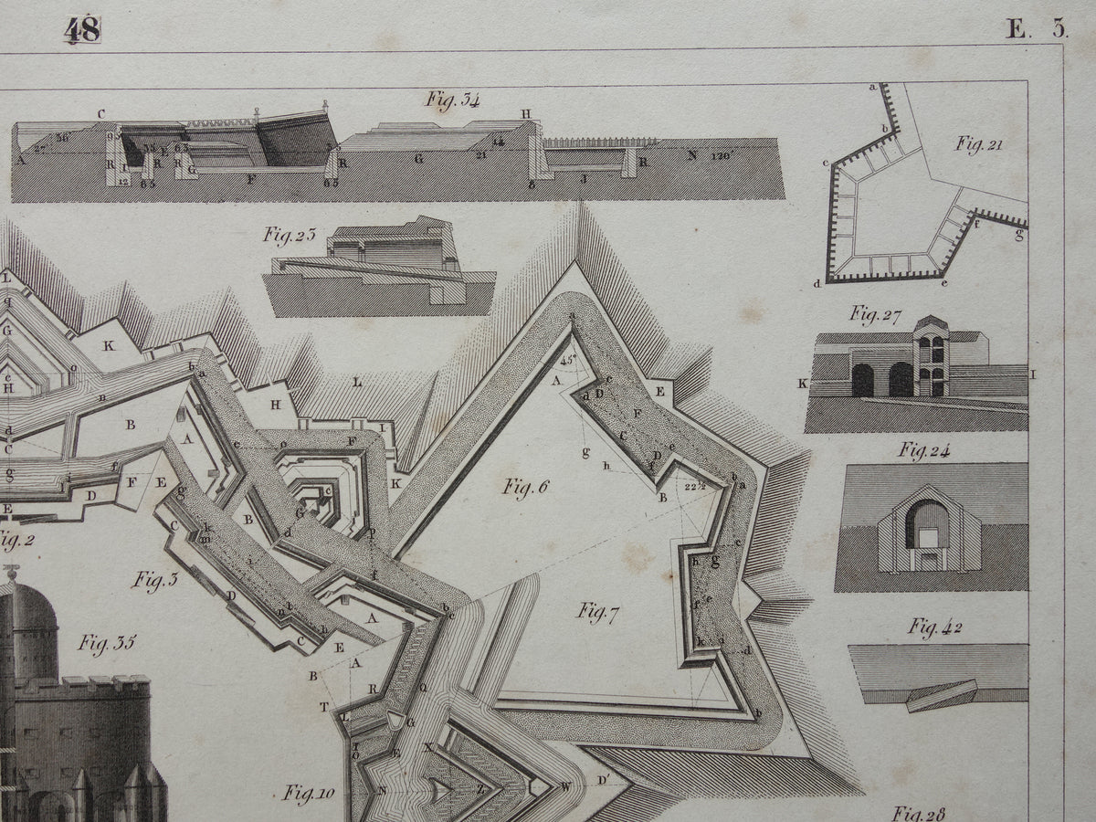 Vestingwerken Vauban oude prent over historische fortificaties - originele antieke militaire illustratie - leger print