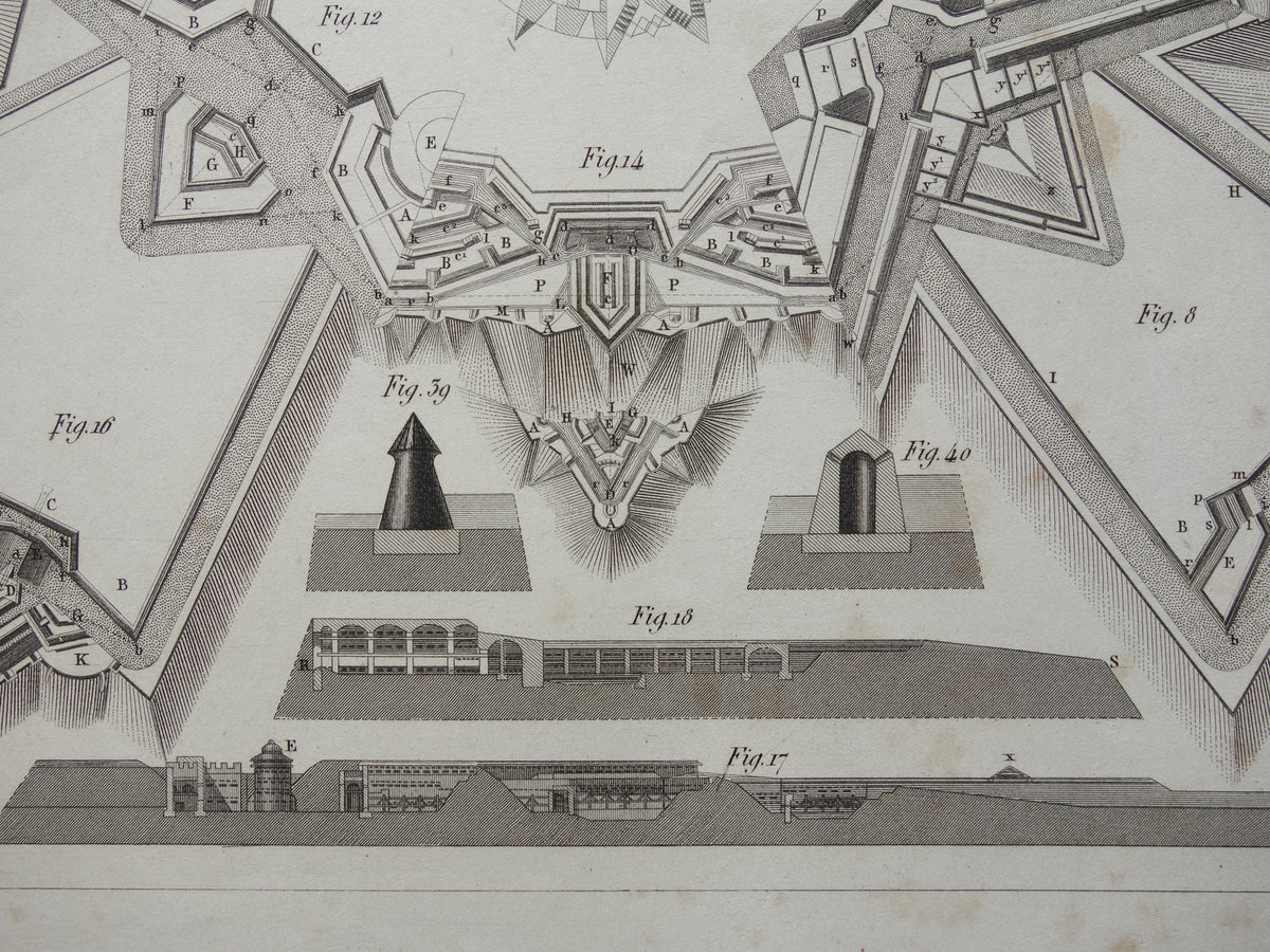 Vestingwerken Vauban oude prent over historische fortificaties - originele antieke militaire illustratie - leger print