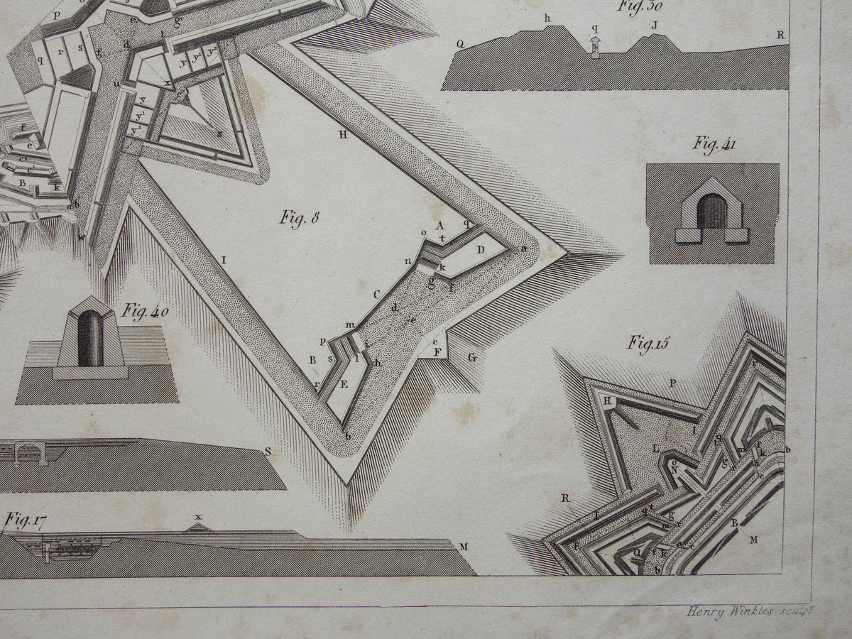 Vestingwerken Vauban oude prent over historische fortificaties - originele antieke militaire illustratie - leger print