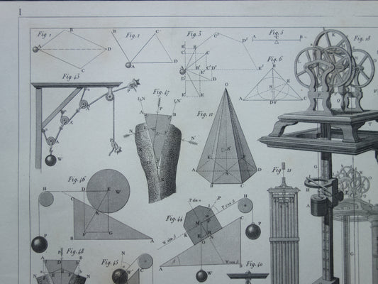Physics old print pulleys 1849 original antique illustration scientific experiments vintage print
