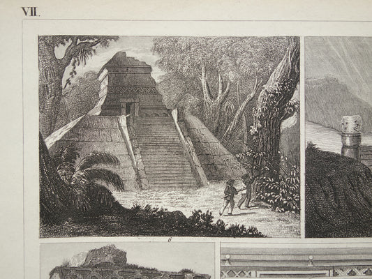 MAYATEMPELS Oude prent Mesoamerikaanse architectuur 1849 originele antieke illustratie gravure Maya piramide van de Nissen