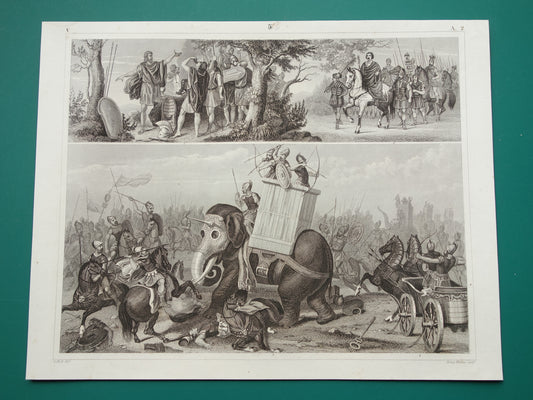 KRIJGSOLIFANT Oude illustratie uit 1849 antieke prent over Romeinse oorlogsolifant - originele vintage militaire print Grieken Romeinen