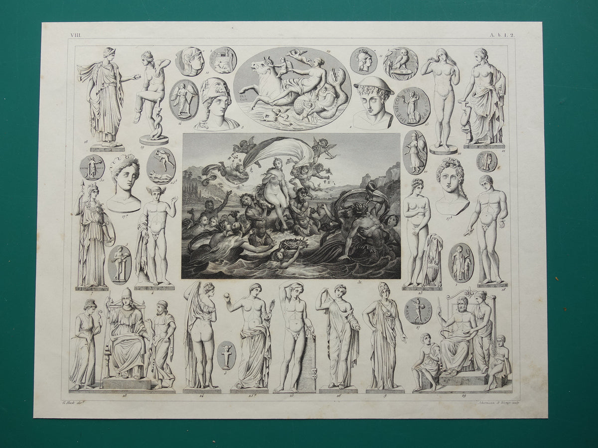 Greek and Roman Gods Antique Print Original 175+ Year Old Illustration Sculptures Minerva Diana Venus Vintage Religion Prints Antiquity