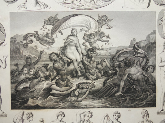 Griekse en Romeinse goden antieke print Originele 175+ jaar oude illustratie Sculpturen Minerva Diana Venus vintage religie prenten oudheid