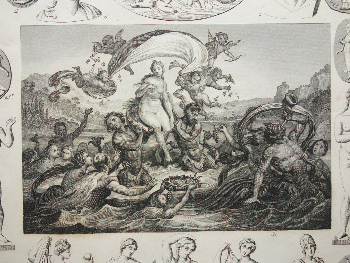 Griekse en Romeinse goden antieke print Originele 175+ jaar oude illustratie Sculpturen Minerva Diana Venus vintage religie prenten oudheid