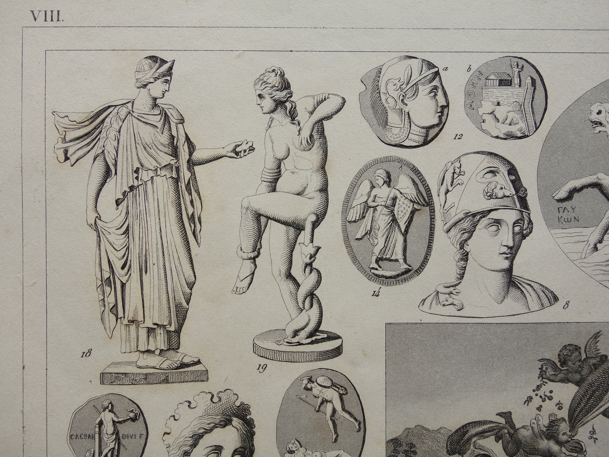 Greek and Roman Gods Antique Print Original 175+ Year Old Illustration Sculptures Minerva Diana Venus Vintage Religion Prints Antiquity