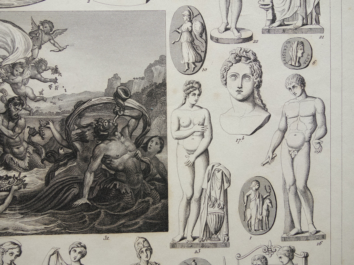 Greek and Roman Gods Antique Print Original 175+ Year Old Illustration Sculptures Minerva Diana Venus Vintage Religion Prints Antiquity