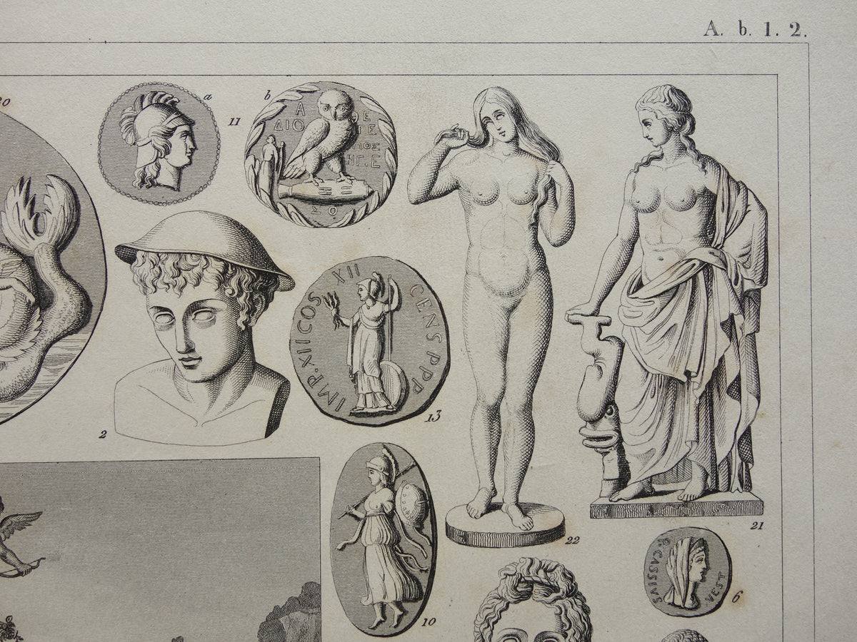Greek and Roman Gods Antique Print Original 175+ Year Old Illustration Sculptures Minerva Diana Venus Vintage Religion Prints Antiquity