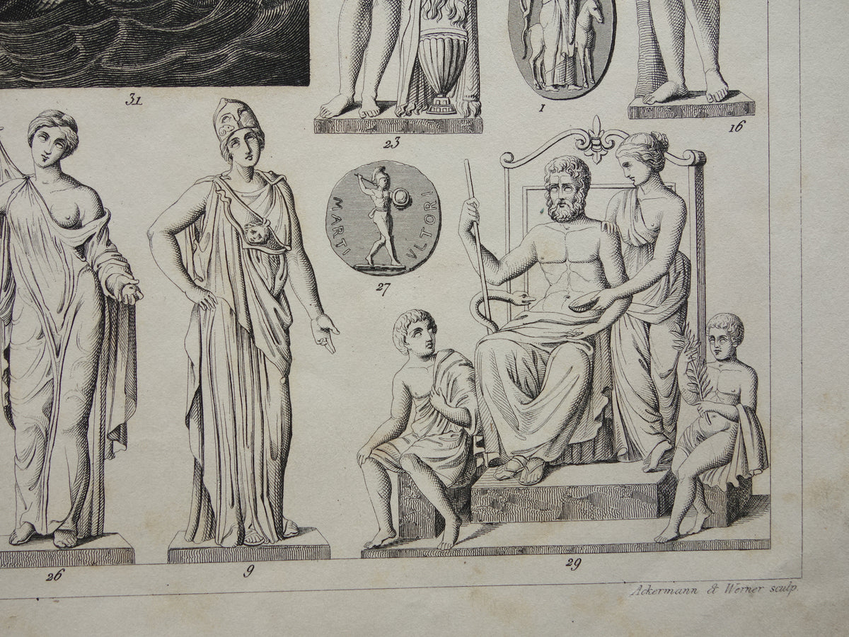 Greek and Roman Gods Antique Print Original 175+ Year Old Illustration Sculptures Minerva Diana Venus Vintage Religion Prints Antiquity