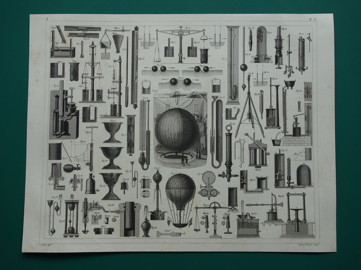 Old print Hydrostatics Physics scientific experiments antique science print about barometer manometer hot air balloon print