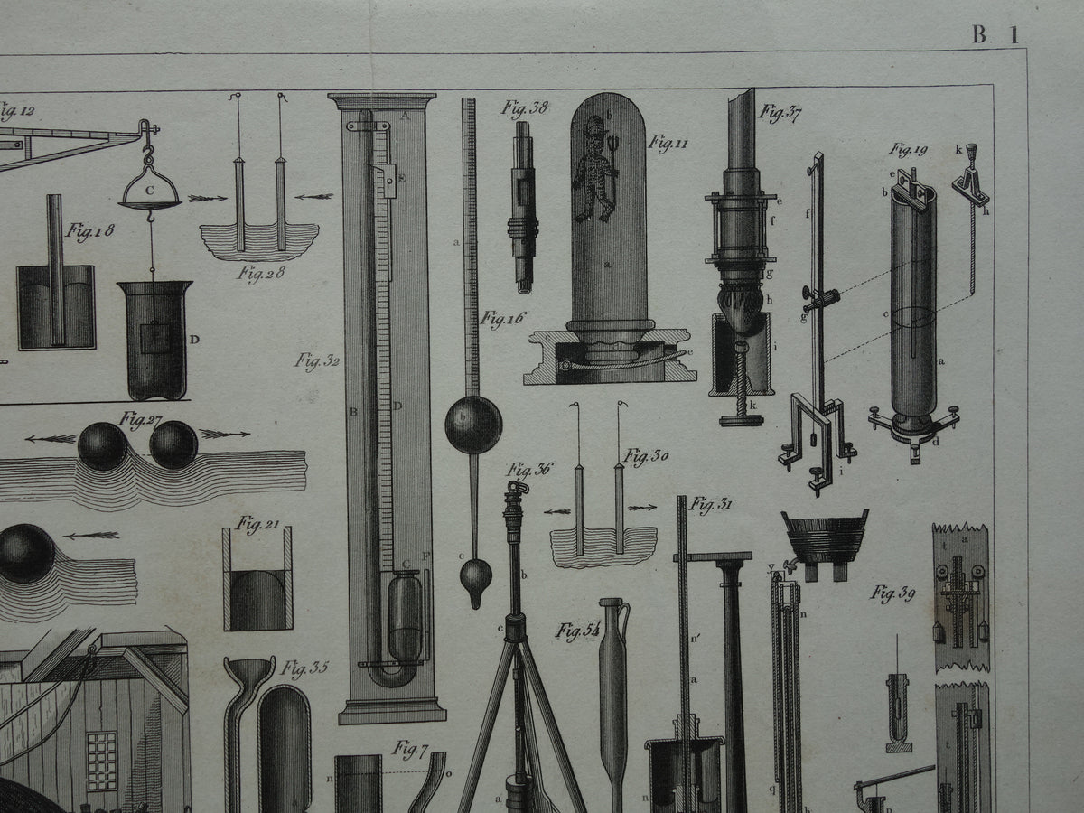 Old print Hydrostatics Physics scientific experiments antique science print about barometer manometer hot air balloon print