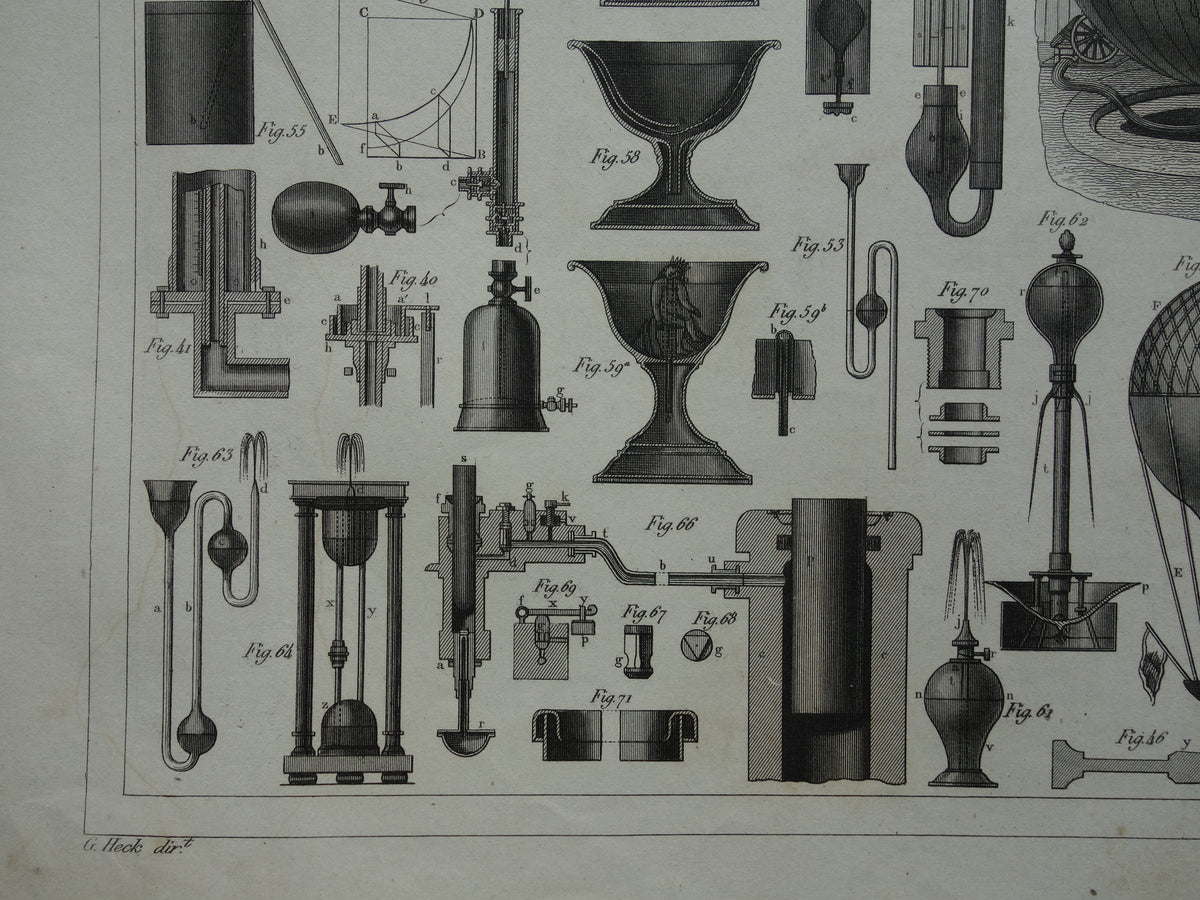 Old print Hydrostatics Physics scientific experiments antique science print about barometer manometer hot air balloon print