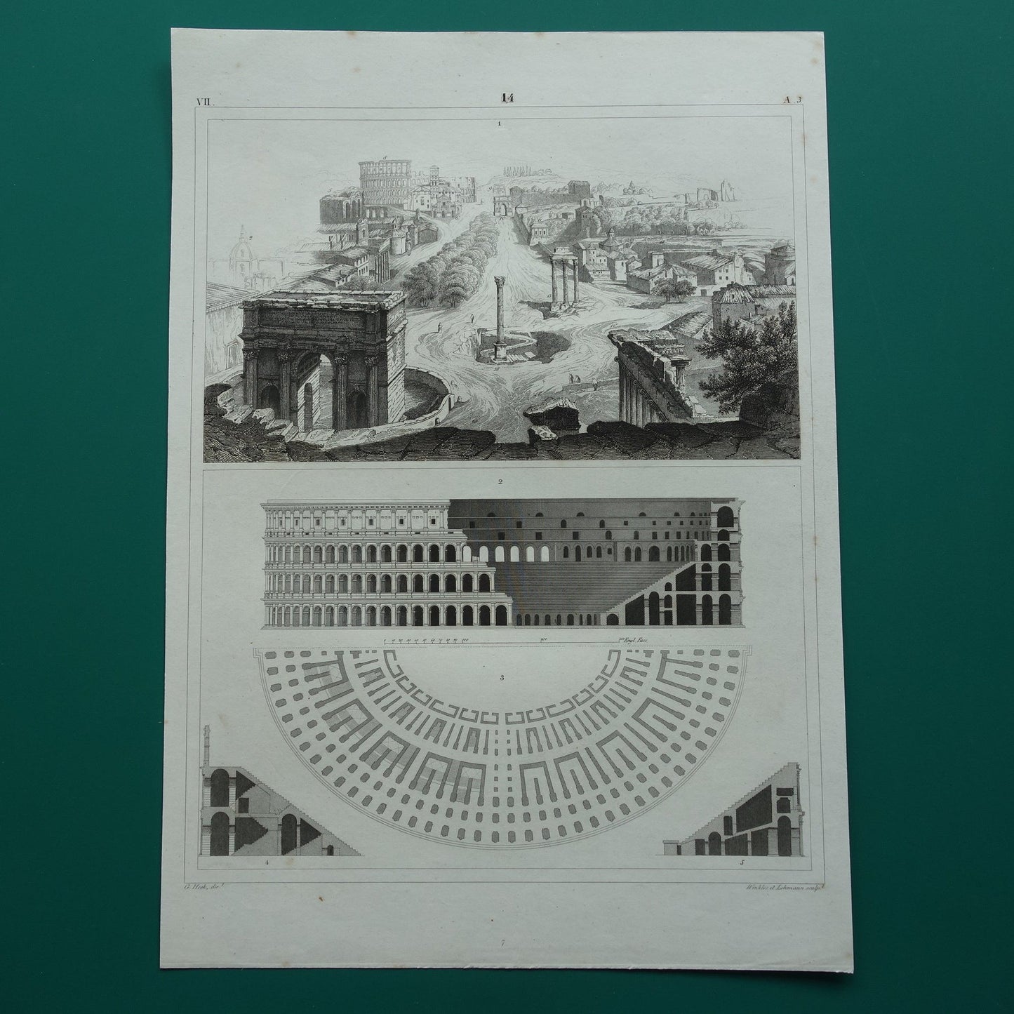 Colosseum en Forum Romanum Oude architectuur prent uit 1849 Antieke illustratie Rome