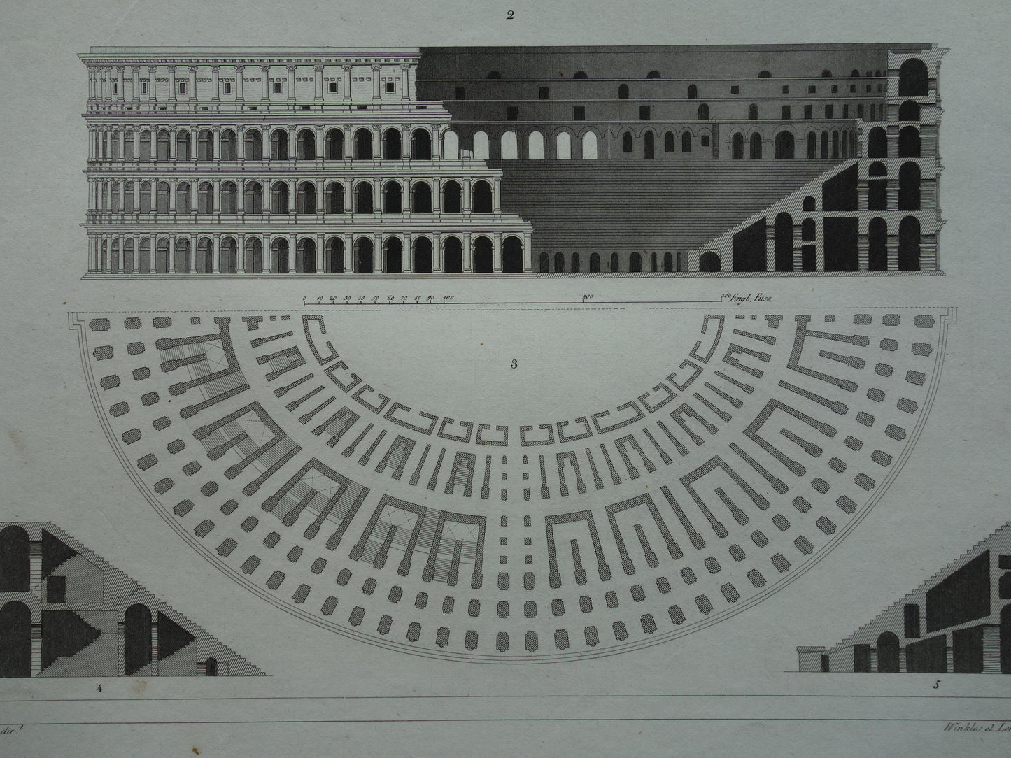 Colosseum en Forum Romanum Oude architectuur prent uit 1849 Antieke illustratie Rome