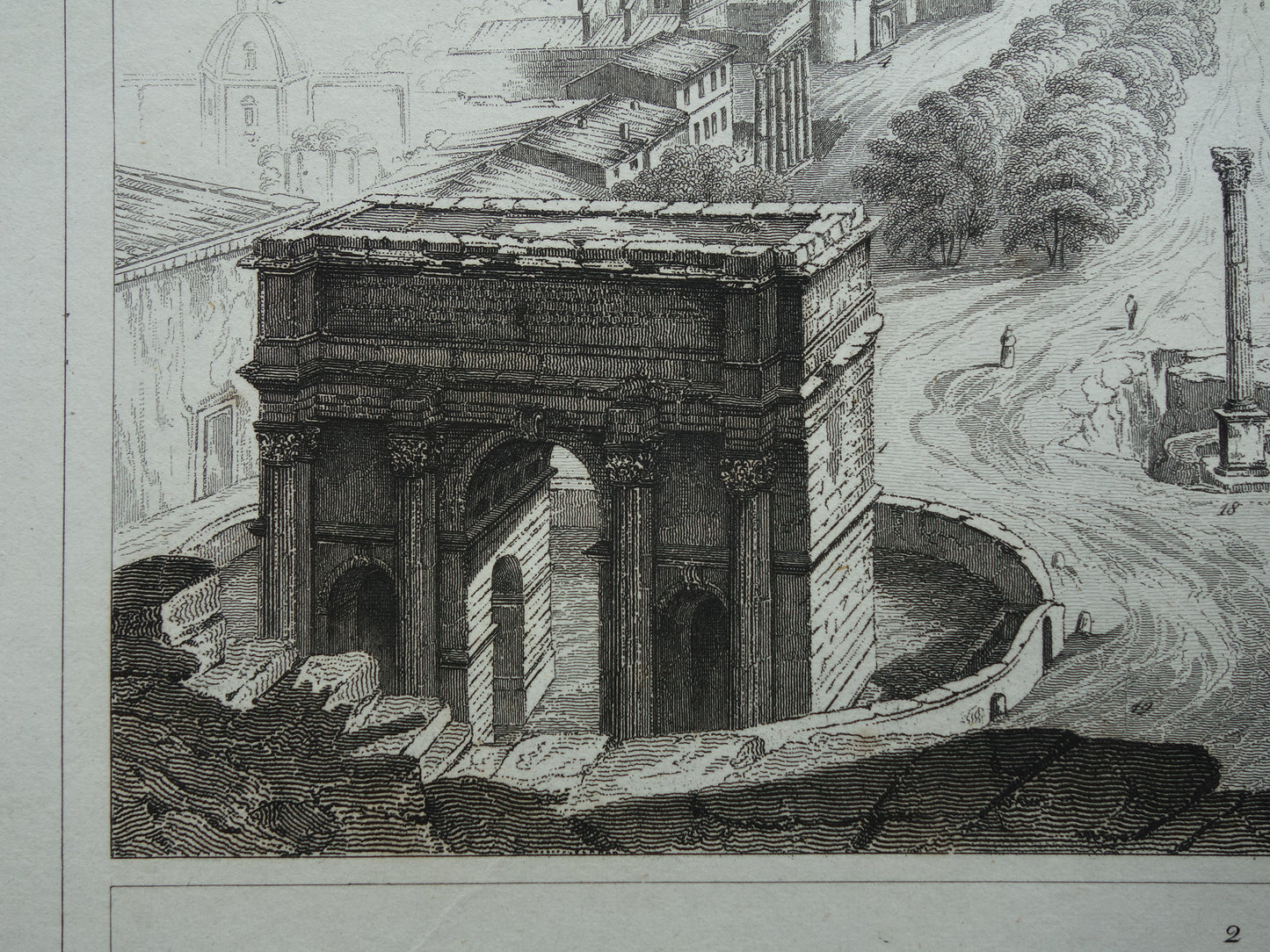 Colosseum en Forum Romanum Oude architectuur prent uit 1849 Antieke illustratie Rome
