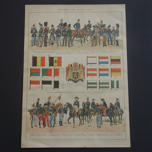 Oude prent van Belgische Leger Uniformen en Vlaggen originele antieke illustratie België Vlag Uniform vintage afbeelding prints
