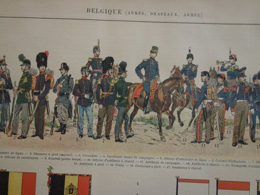 Old print of Belgian Army Uniforms and Flags original antique illustration Belgium Flag Uniform vintage image prints