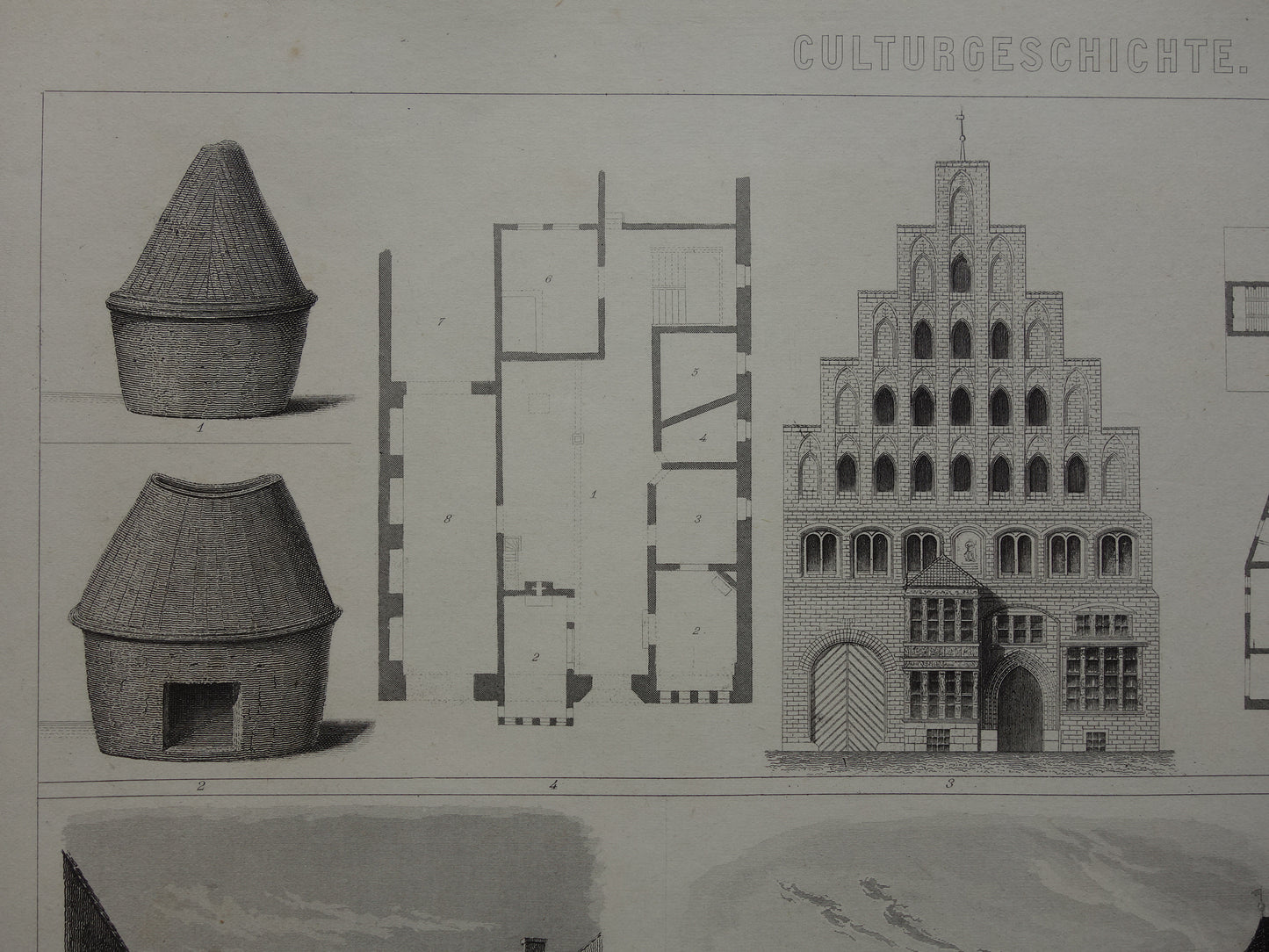 ARCHITECTUUR Oude prent over 1870 originele antieke illustratie architectonische geschiedenis vintage prints