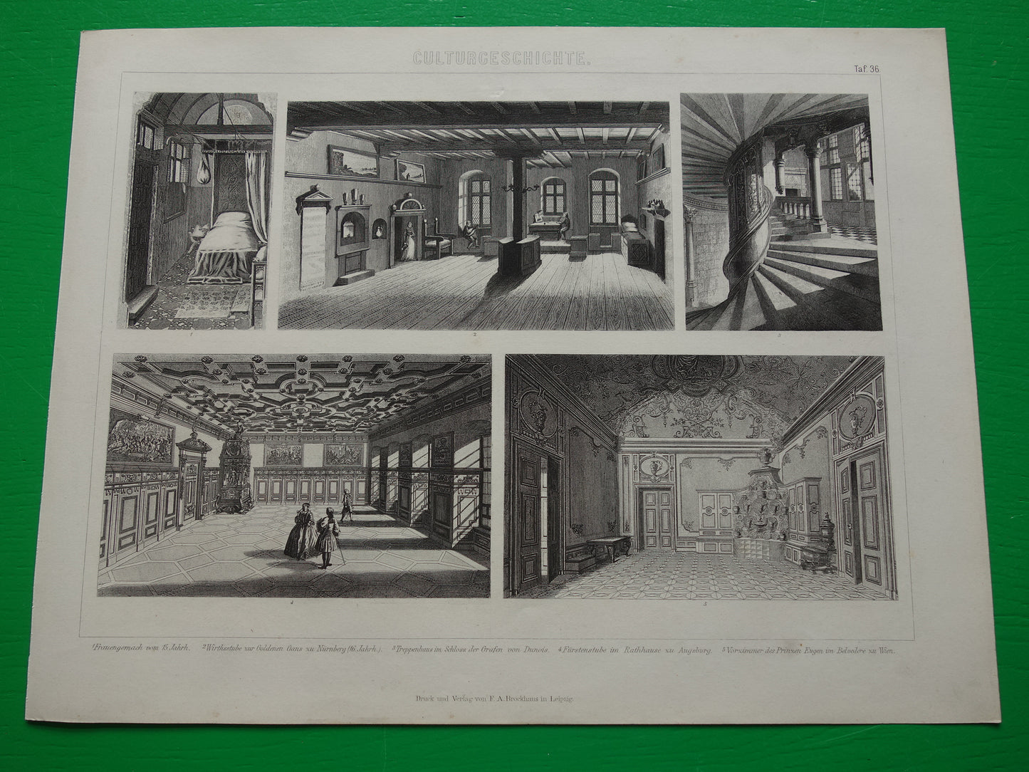Oude architectuur prent uit 1870 over Belvedere Wenen Stadhuis Augsburg antieke illustratie interieurs 15-17e eeuw