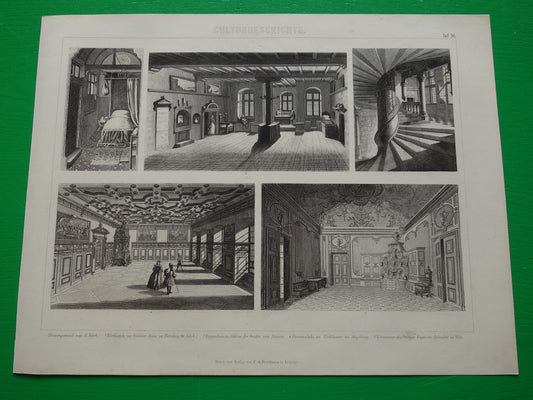 Oude architectuur prent uit 1870 over Belvedere Wenen Stadhuis Augsburg antieke illustratie interieurs 15-17e eeuw