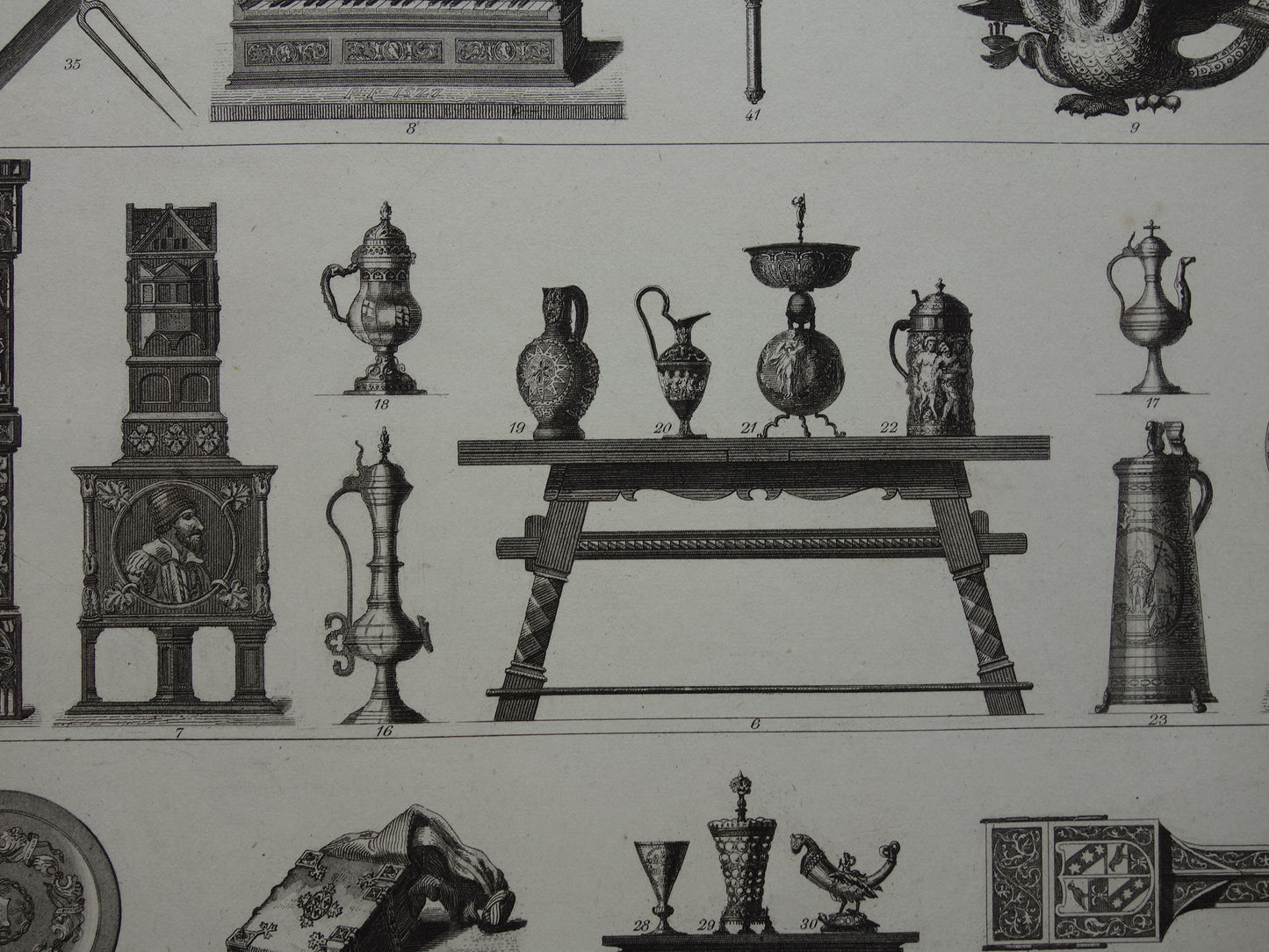 Oude prent uit 1870 over Meubilair Renaissance Vazen Kasten Gebruiksvoorwerpen antieke illustratie Stoelen 15-17e eeuw design