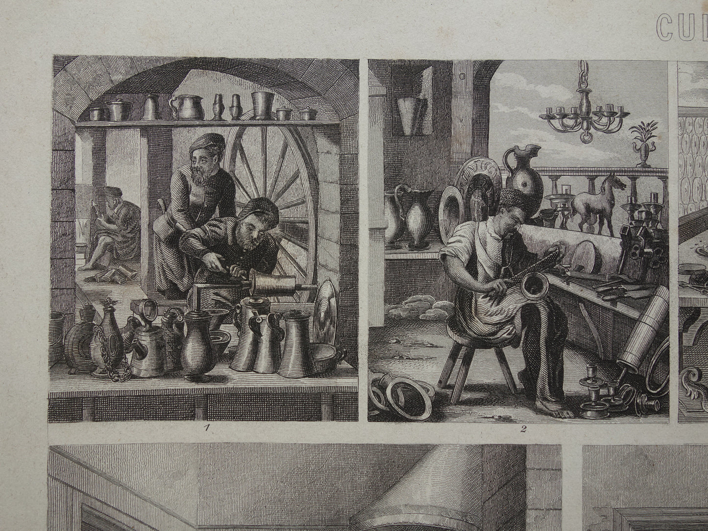 Dagelijks leven in 16e en 17e eeuw Oude prent 1870 Originele antieke illustratie Handwerkers School Kantoor Vintage Prints