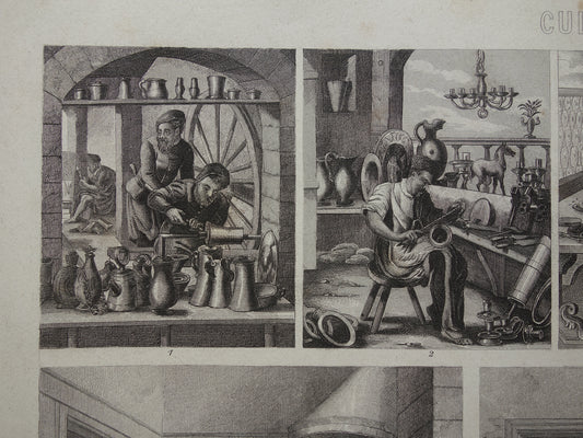 Alltag im 16. und 17. Jahrhundert. Alter Druck aus dem Jahr 1870. Originale antike Illustration. Handwerker, Schule, Büro, Vintage-Drucke